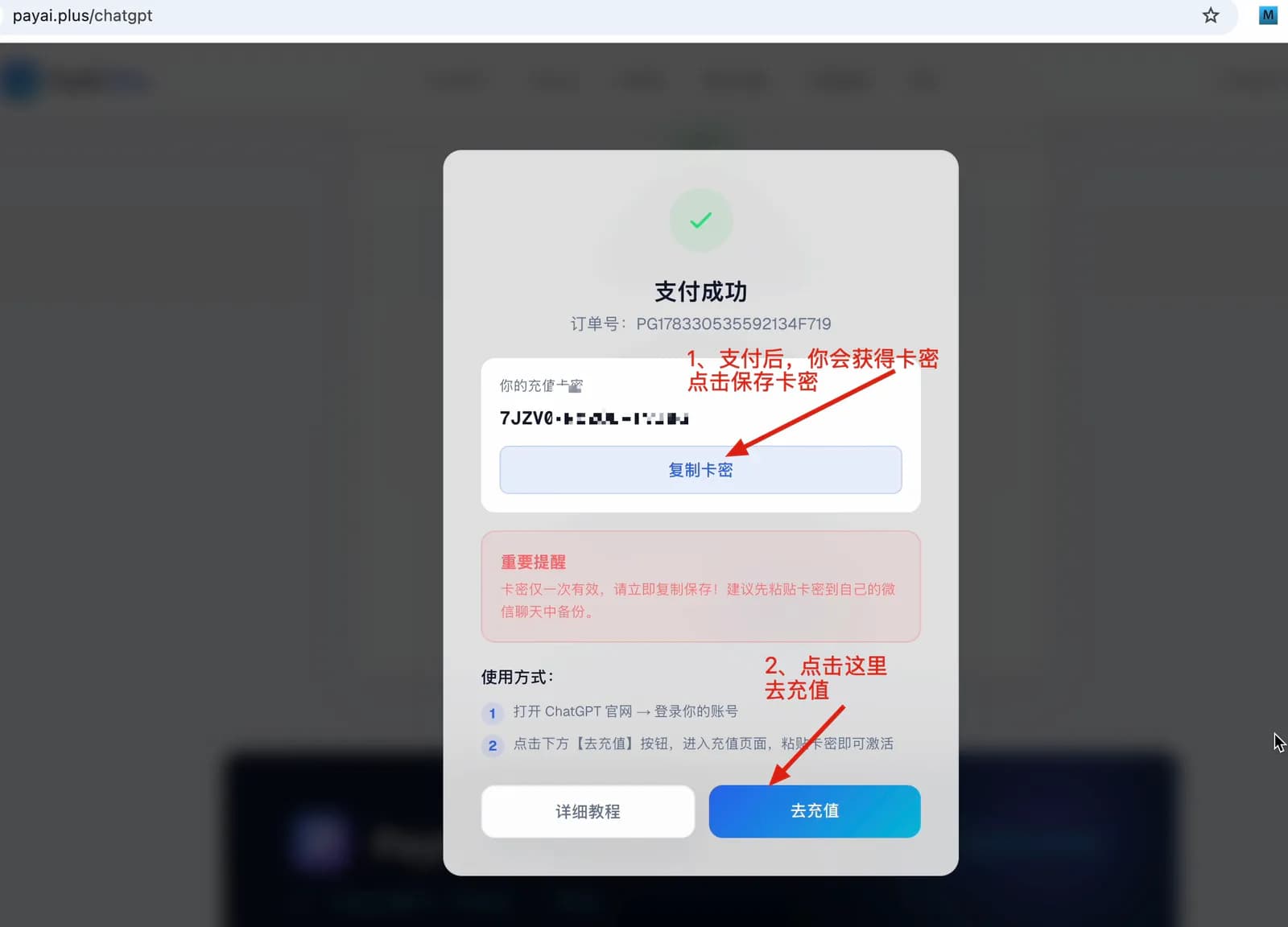支付成功后复制保存 AI 会员充值卡密并点击去充值
